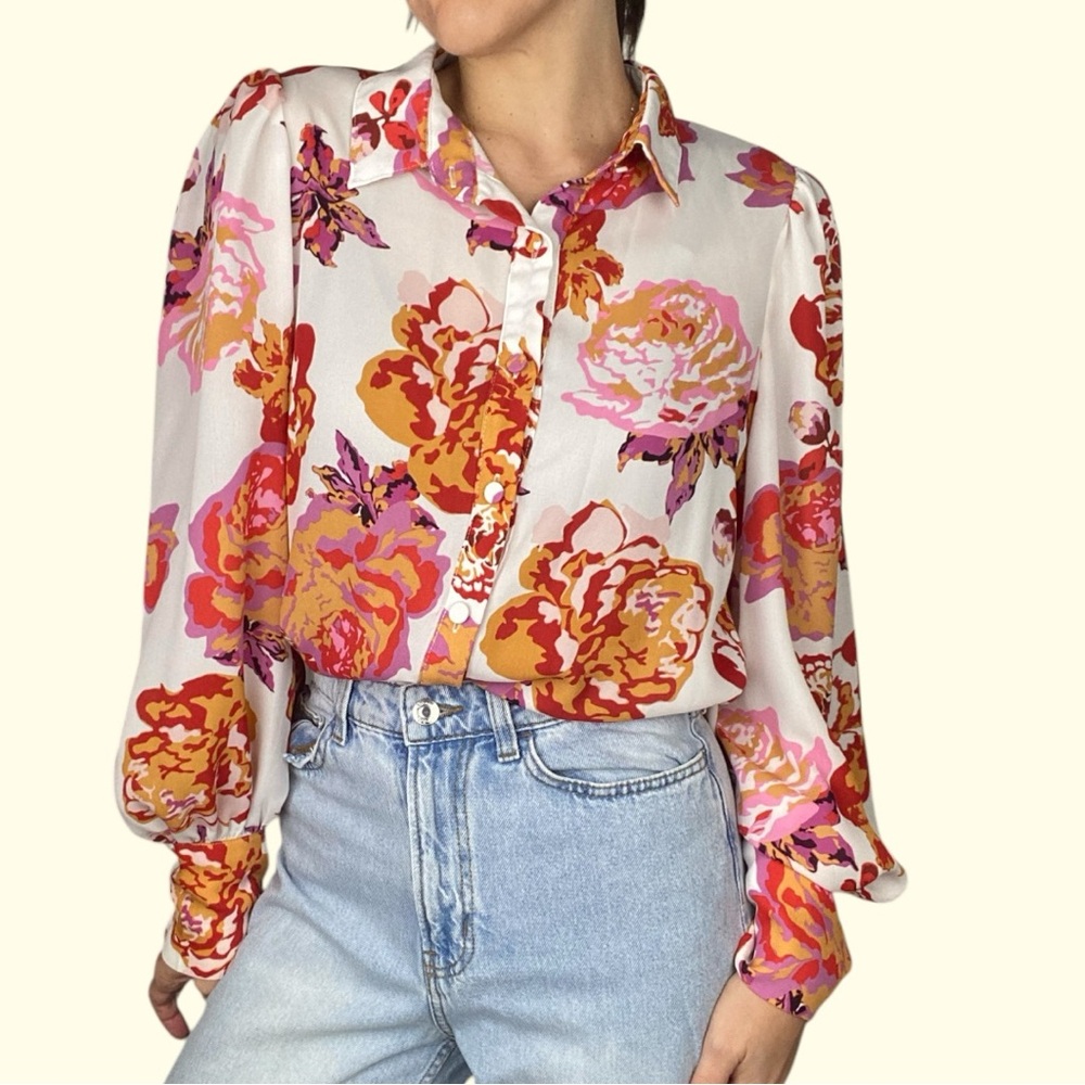 Floral Print Long Sleeve Button-Down Blouse